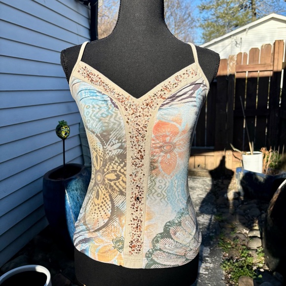 XOXO Tops - XOXO Vintage Nude Beaded‎ Tank Top Floral Print Y2K Size Medium